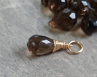 Encanto de piedras preciosas de cuarzo ahumado natural para cadenas de collar - Joyas de piedras preciosas envueltas en alambre - Plata de ley, Oro de 14k - Encantos JustDangles