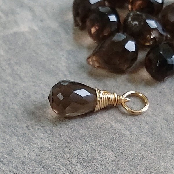 Natural Smoky Quartz Gemstone Charm for Necklace Chains - Wire Wrapped Gemstone Jewelry - Sterling Silver, 14k Gold - JustDangles Charms