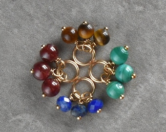 Tiny Trio Cluster - Green Malachite, Tiger's Eye, Lapis Lazuli, Red Garnet - Sterling Silver 14k Gold Huggie Earring Charms - JustDangles