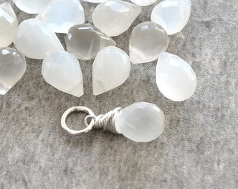 Natural White to Light Grey Moonstone Charm Dangle - Wire Wrapped Huggie Earring Drops - Chatoyant Adularescence - Silver, 14k Gold Fill