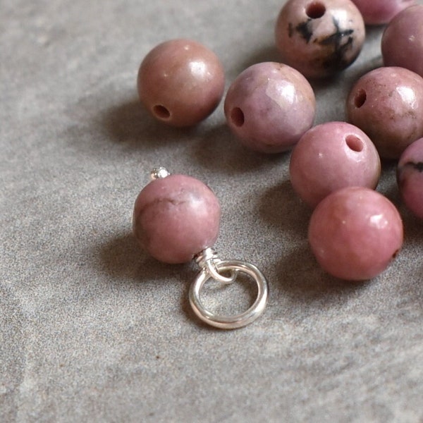 Mostly Pink Rhodonite Charm for Earring Hoops - Huggie Earring Dangles - Wire Wrapped Semiprecious Stone Jewelry - Opaque Manganese Oxide