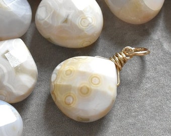 White & Cream Orbicular Ocean Jasper Pendant - Handmade Sterling Silver Wire Wrapped Gold Jewelry - Natural Stone for Earring Hoop