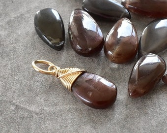 L - Rare Unique Cats Eye Sillimanite Gemstone Charm - Sterling Silver 14k Gold Wire Wrap Pendant for Chain - Natural Genuine Stone Red Grey