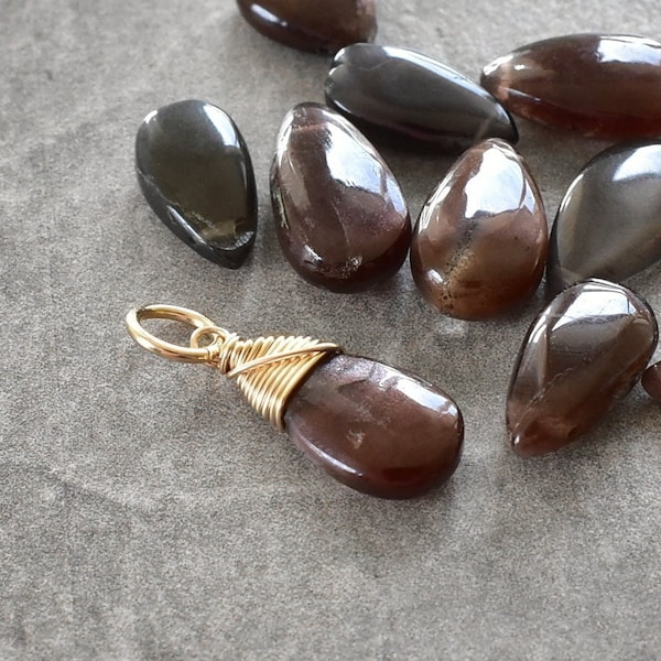 L - Rare Unique Cats Eye Sillimanite Gemstone Charm - Sterling Silver 14k Gold Wire Wrap Pendant for Chain - Natural Genuine Stone Red Grey