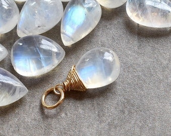 L - Glowing Flashy Moonstone Pendant - Semiprecious White Rainbow Moonstone Jewelry - Wire Wrapped Stone Charms - Wedding Bridal Gift Idea