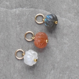 Halloween Thanksgiving Pumpkin Jewelry - Labradorite Moonstone Sunstone - Wire Wrap Gemstone Charm - Huggie Hoop Earring Dangle Melon