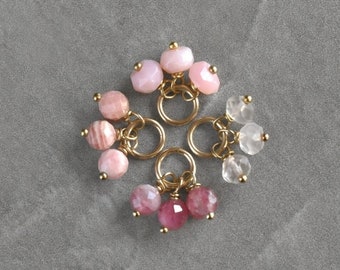 Tiny Trio Cluster - Pink Tourmaline, Rose Quartz, Rhodochrosite, Pink Opal - Sterling Silver 14k Gold Huggie Earring Charm - JustDangles
