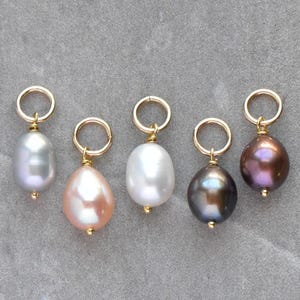 M - White, Grey, Peach, or Peacock Natural Freshwater Pearl Charm - Sterling Silver 14k Gold - for Memento Bracelet or Huggie Hoop Earring