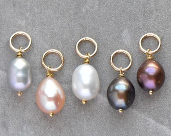 M - White, Grey, Peach, or Peacock Natural Freshwater Pearl Charm - Sterling Silver 14k Gold - for Memento Bracelet or Huggie Hoop Earring