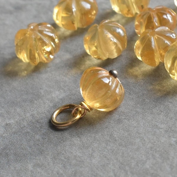 Carved Pumpkin Melon - Yellow Citrine Gemstone Pendant for Necklace Chain - Natural Crystal Stone - Wire Wrap Sterling Silver, 14k Gold Fill