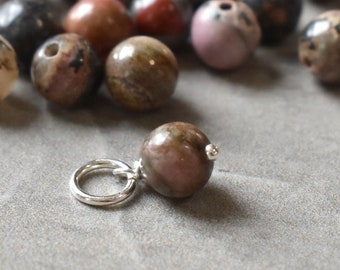 CLEARANCE - Earthy Rhodonite Charm for Bracelet Chains - Wire Wrapped Semiprecious Stone Jewelry - Opaque Manganese Silicate