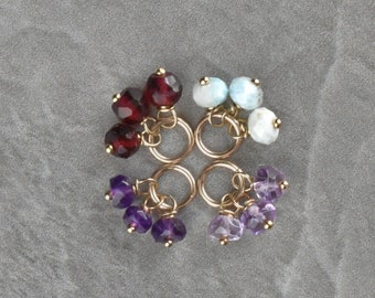 Tiny Trio Cluster - Purple Amethyst, Light Blue Larimar, Dark Red Garnet - Sterling Silver 14k Gold Huggie Earring Charms - JustDangles