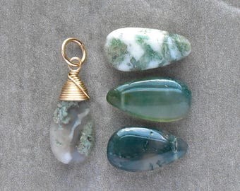 L - Green Moss Agate Dangle for Necklace Bracelet and Huggie Hoop Earrings - Wire Wrapped Stone Pendant - Small Gift Idea