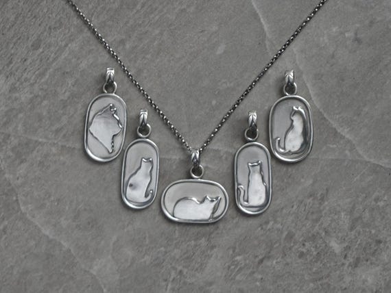 Solid Sterling Silver Cat Silhouette Necklace Pendant - Vintage Inspired Modern Cameo - Rescue Animal Lover Gift - Kitty Cat Feline Friend