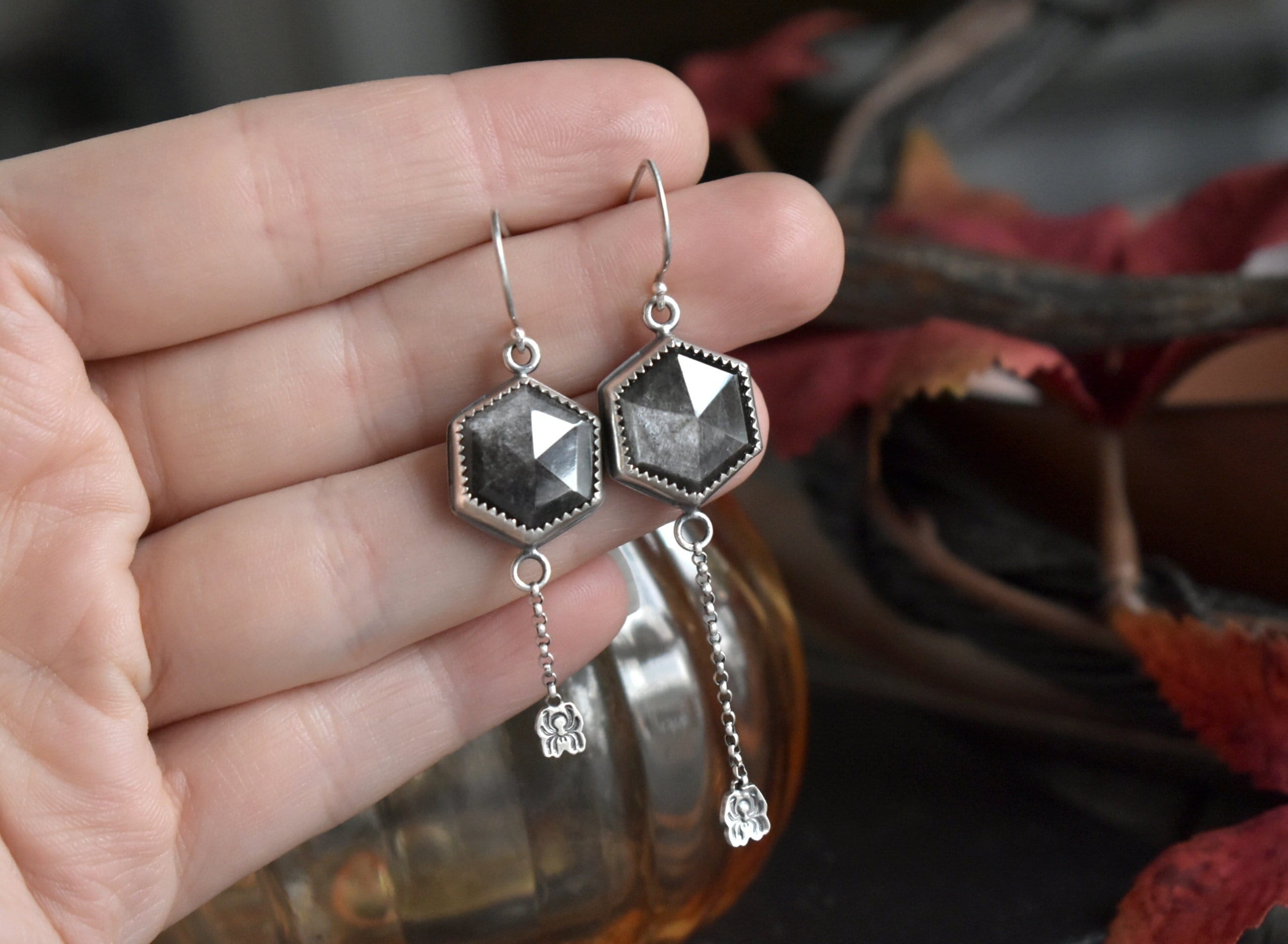 SALE - Dark Grey Silver Sheen Obsidian Dangle Earrings - Spider Spiderweb Web Gothic Witch - Spooky Autumn Fall Jewelry - Halloween Lover