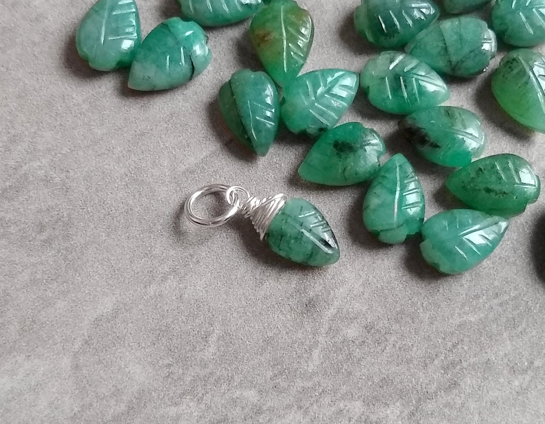 M - Natural Green Emerald Charm - Wire Wrapped Small Pendant for Necklace, Earrings, or Bracelets - Carved Gemstone Leaf - JustDangles