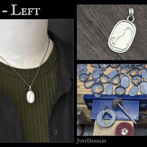 May include: Silver pendant necklace featuring a cat silhouette within an oval frame. The necklace is displayed on a mannequin, showcasing the pendant's design. Additional images show the pendant and other jewelry pieces.