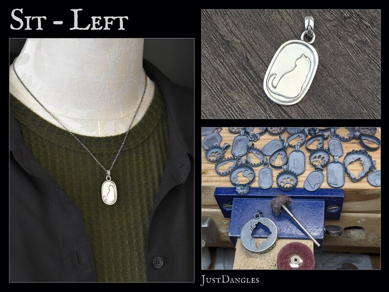 May include: Silver pendant necklace featuring a cat silhouette within an oval frame. The necklace is displayed on a mannequin, showcasing the pendant's design. Additional images show the pendant and other jewelry pieces.