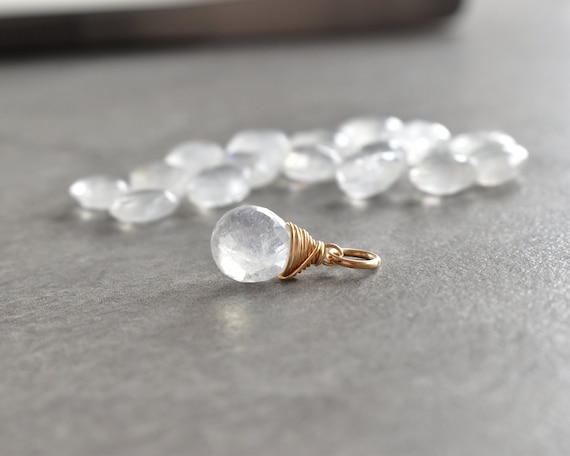 Natural White Moonstone Charm Jewelry - Small Simple Rainbow Moonstone Pendant - Sterling Silver, 14k Gold Wire Wrapped Stone Crystal