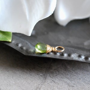 L-Wire Wrapped Genuine Peridot Charm for Bracelets Natural Stone Peridot Pendant Necklace 14k Gold, Rose Gold, Sterling Silver Jewelry image 4