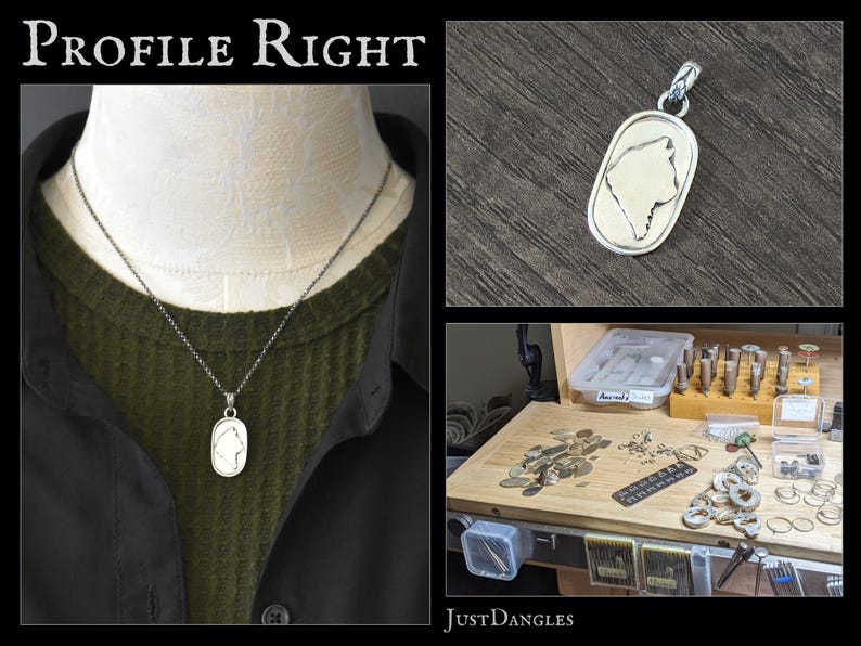 May include: Silver pendant necklace with a white cameo design. The pendant is oval-shaped and hangs from a delicate chain. The image also shows a close-up of the pendant and a jewelry-making workspace.