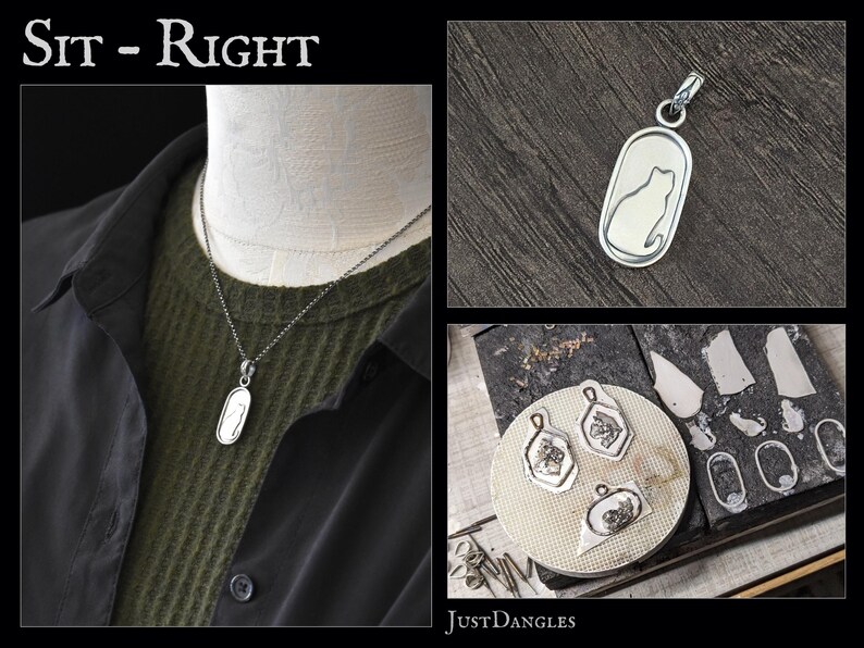May include: Silver cat pendant necklace with a detailed cat silhouette inside an oval frame. The image also shows other pendant designs and the text "Sit - Right" and "JustDangles".