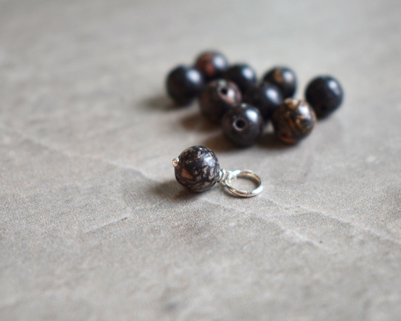 CLEARANCE - Mostly Black Rhodonite Charm for Earring Hoop - Huggie Dangle - Wire Wrapped Semiprecious Stone Jewelry - Opaque Manganese Oxide