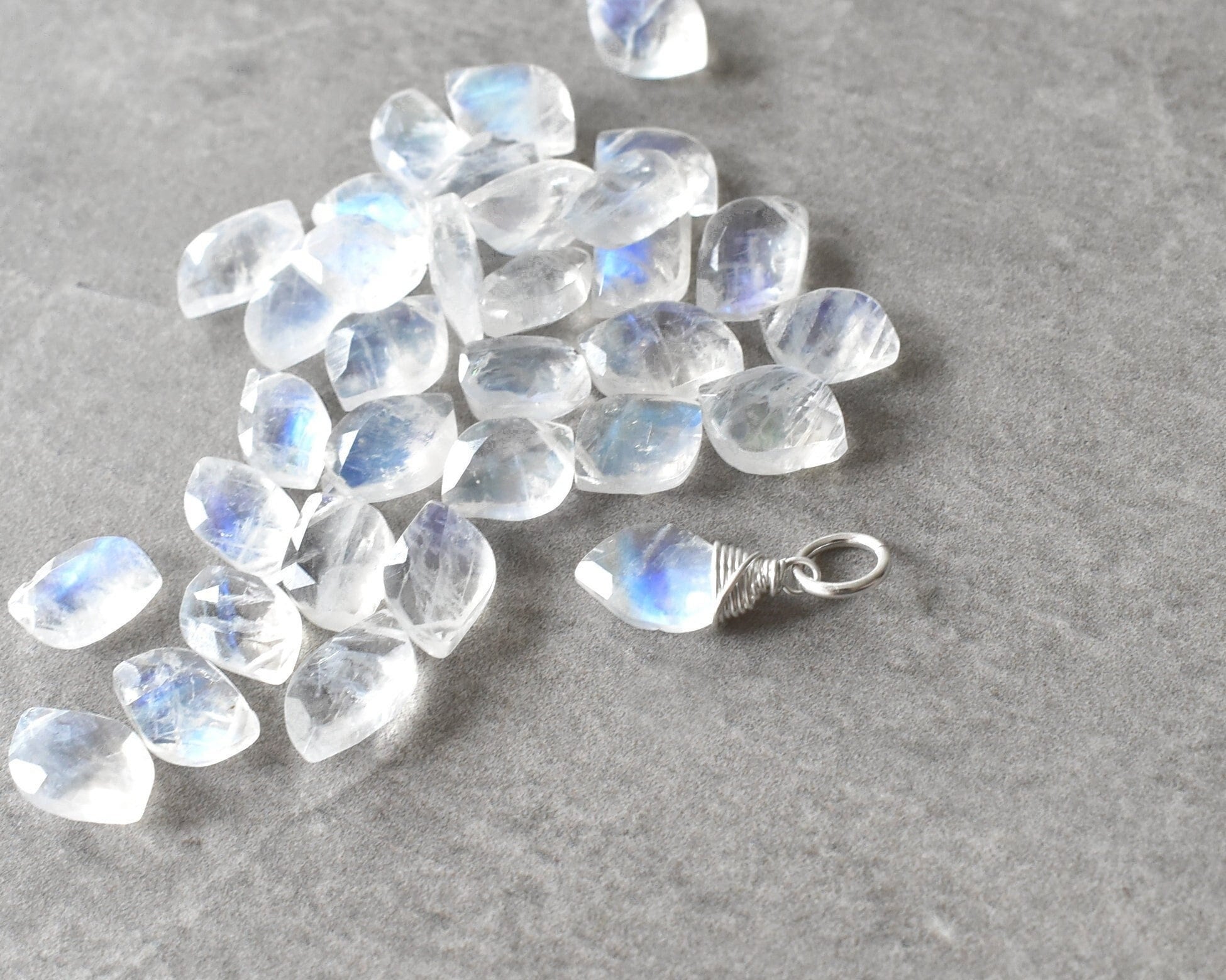 Small Blue Rainbow Moonstone Charm - Huggie Earring Hoop Drop - Silver, 14k Gold Wire Wrapped Natural Gemstone Jewelry - Petite Delicate