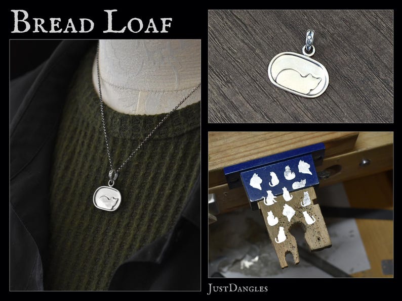 May include: A silver pendant necklace featuring a sleeping cat design. The pendant is rectangular with rounded edges and a silver chain. The image also shows a close-up of the pendant and a workbench with cat-shaped cutouts.