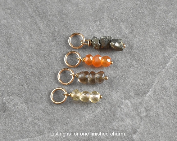 Tiny Trio Stack - Small Stone Charm for Bracelet Jewelry Handmade - Orange Carnelian - Fool's Gold Pyrite Nugget - Citrine - Smoky Quartz
