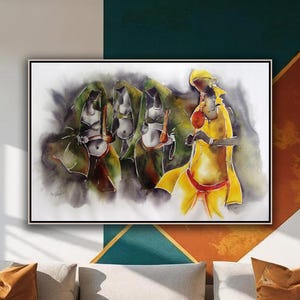 Indian Folk Women with Musician | Rural Cultural Art | Watercolor Effect Traditional Painting | Ethnic Village Wall Decor Canvas