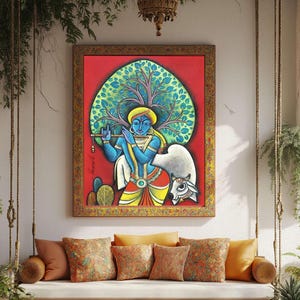 Krishna Playing Flute Painting | Indian Spiritual Wall Art | Cow Under Tree | Hindu God Canvas | Radha Krishna Home Decor | Divine Art&quot;
