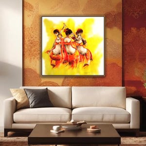 Indian Folk Dance Painting | Tribal Women with Instruments | Boho Ethnic Wall Art | Vibrant Yellow & Red Watercolor Effect Decor