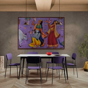 Krishna with Gopis Painting | Indian Folk Art | Radha Krishna Wall Decor | Spiritual Hindu Artwork | 48x72 Acrylic on Canvas