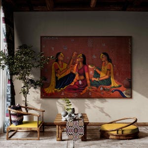 Village Women Folk Art | Indian Tribal Style Painting | Rural Life Wall Decor | Cultural Acrylic on Canvas | 48x72 Handmade Artwork