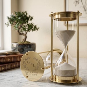 Personalized Brass Hourglass | Custom Engraved Sand Timer | Wedding Gift for Couple | Anniversary Date Keepsake | Vintage Home Decor