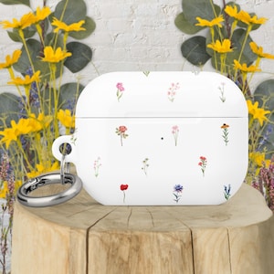 White Wildflower AirPods® Case – Floral Protective Cover with Carabiner – Fits AirPods 1, 2, 3 & Pro 1, 2 – Cute Gift for Her