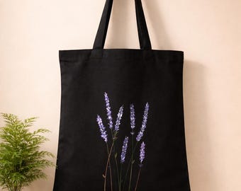 Handpainted Black Canvas Zip Tote Bag with Lavender Flower | Handmade Floral Cotton Tote | Eco Friendly Reusable Bag | Gift for Women