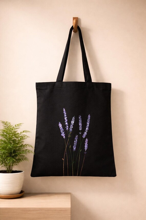Handpainted Black Canvas Zip Tote Bag With Lavender Flower