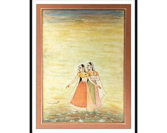 ムガル帝国の中庭を描いたアンティーク紙製ミニチュア絵画