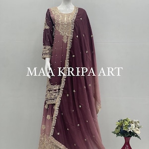 Embroidered Maroon Kurti Dress with Dupatta: Chinon Silk, Golden Detailing