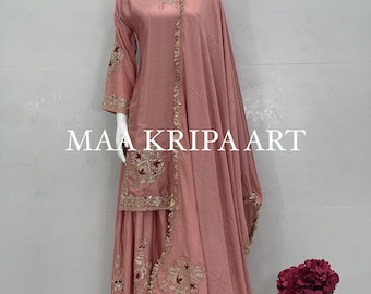 Embroidered Chinon Silk Sharara Suit: Indian Wedding Outfit