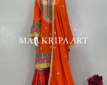 Embroidered Orange Gharara Suit: Pakistani Salwar Kameez - Chinon Silk