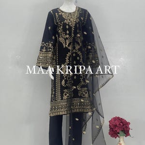 Elegant Black Dress with Intricate Gold Embroidery and Matching Dupatta for Special Occasions - Ethnic Wear for Women
