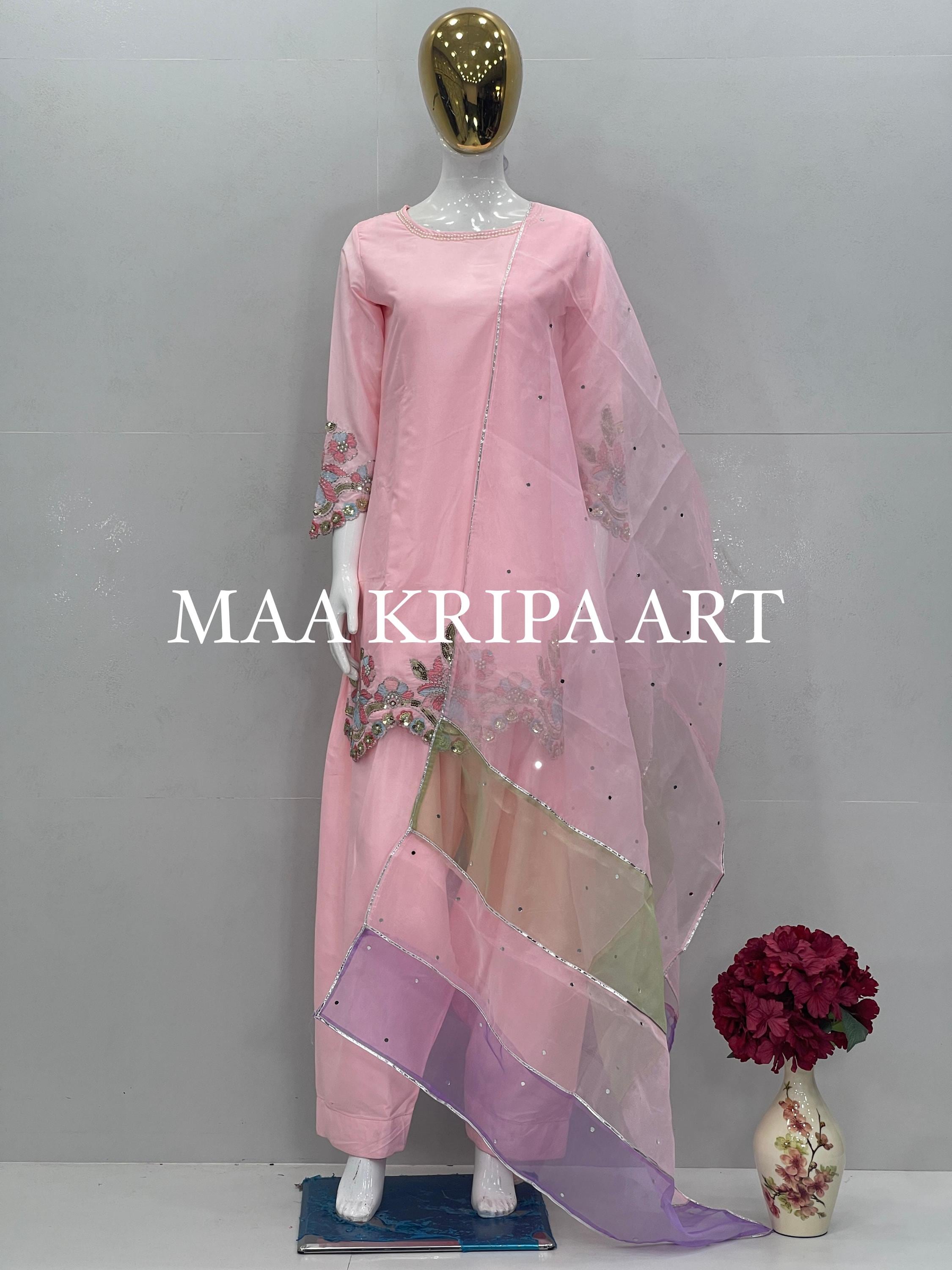 Embroidered Silk Kurta Farshi Salwar Kameez: Pink Pakistani Indian Suit