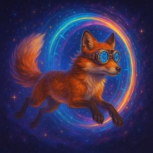 Time-Traveling Fox Art Print – Steampunk Space Fox Wall Decor, Cosmic Animal Illustration, Sci-Fi Fantasy Animal Poster