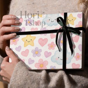 Kawaii Digital Paper Pack - 9 süße nahtlose Muster | Pastell Herzen, Smiley Sterne Wolken | Druckbare Hintergründe für Verpackung & Planer