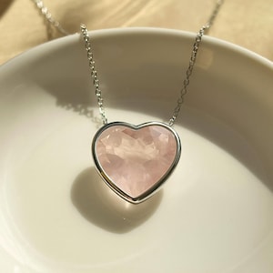 Rose Quartz Heart Pendant Necklace, 925 Sterling Silver/Gold Plated Jewelry