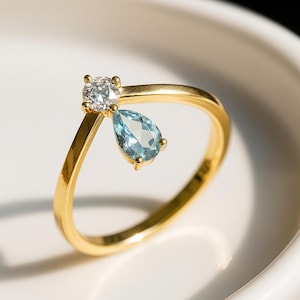 Natural Aquamarine Cz Ring – Natural Blue Gemstone Minimalist Ring in Sterling Silver or Gold – Dainty Handmade Anniversary Gift For Her