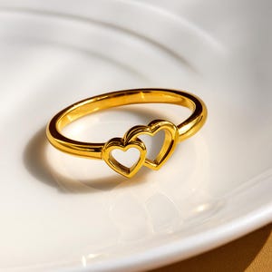 Double Heart Gold Ring – Minimalist Promise Ring for Women, Dainty Open Heart Couple Ring, Cute Anniversary or Valentine’s Gift Jewelry